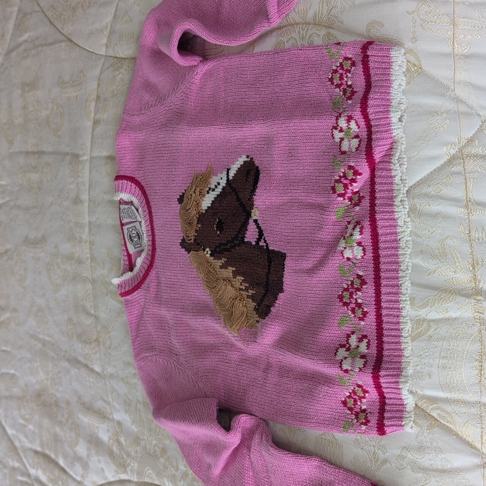 Adorable Sweater With A Pony Head And Fringed Mane.  Pink With Flower Border